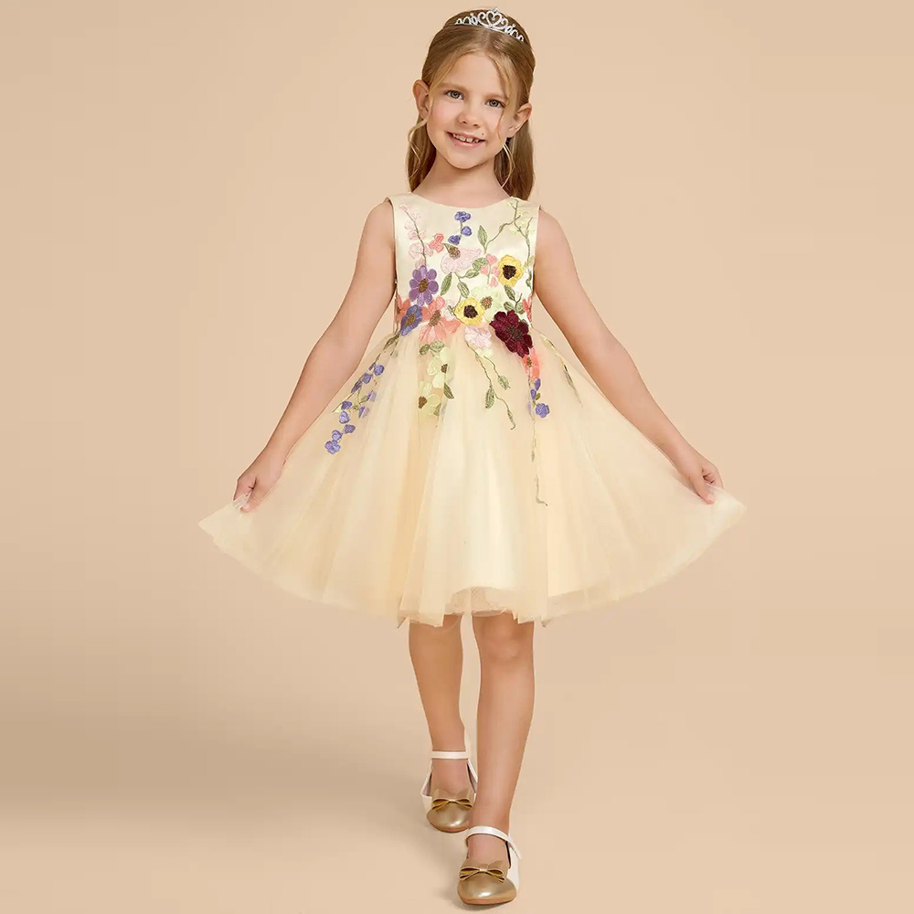 Embroidery Yellow Dress - Sukienki dla dziewczynek z żółtego tiulu